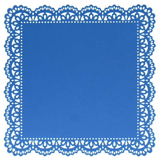 a blue and white doily on a white background.