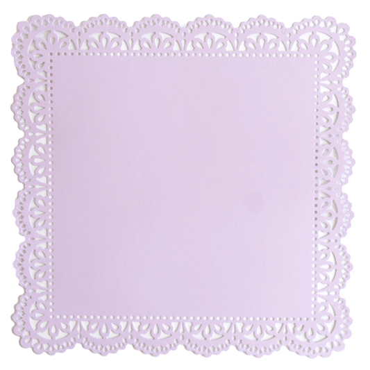 a white doily with a light pink background.