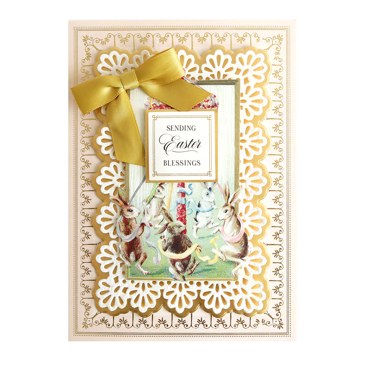 a card with a picture of two rabbits and a bow.