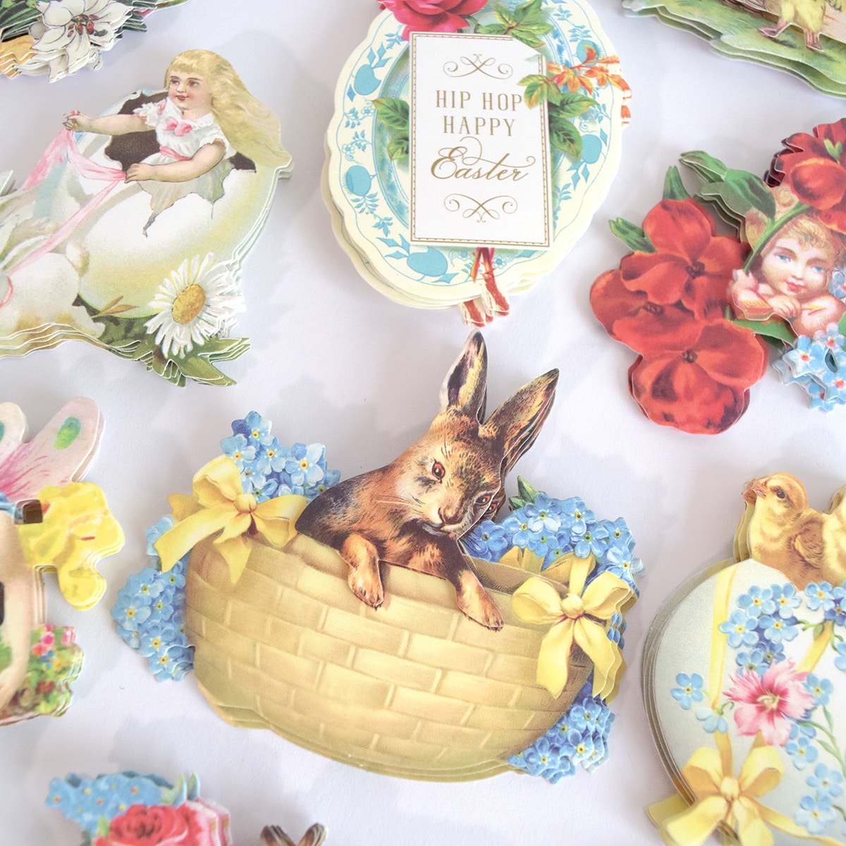 a bunch of magnets with a picture of a dog in a basket.