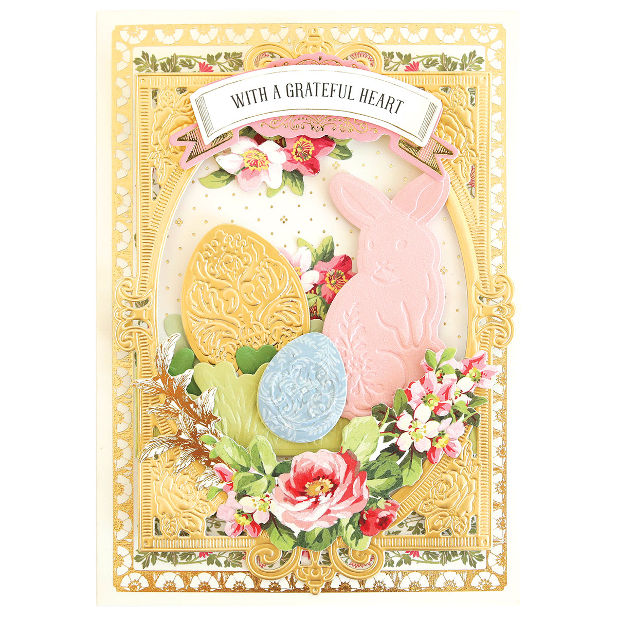 a card with a pink and blue bunny on it.