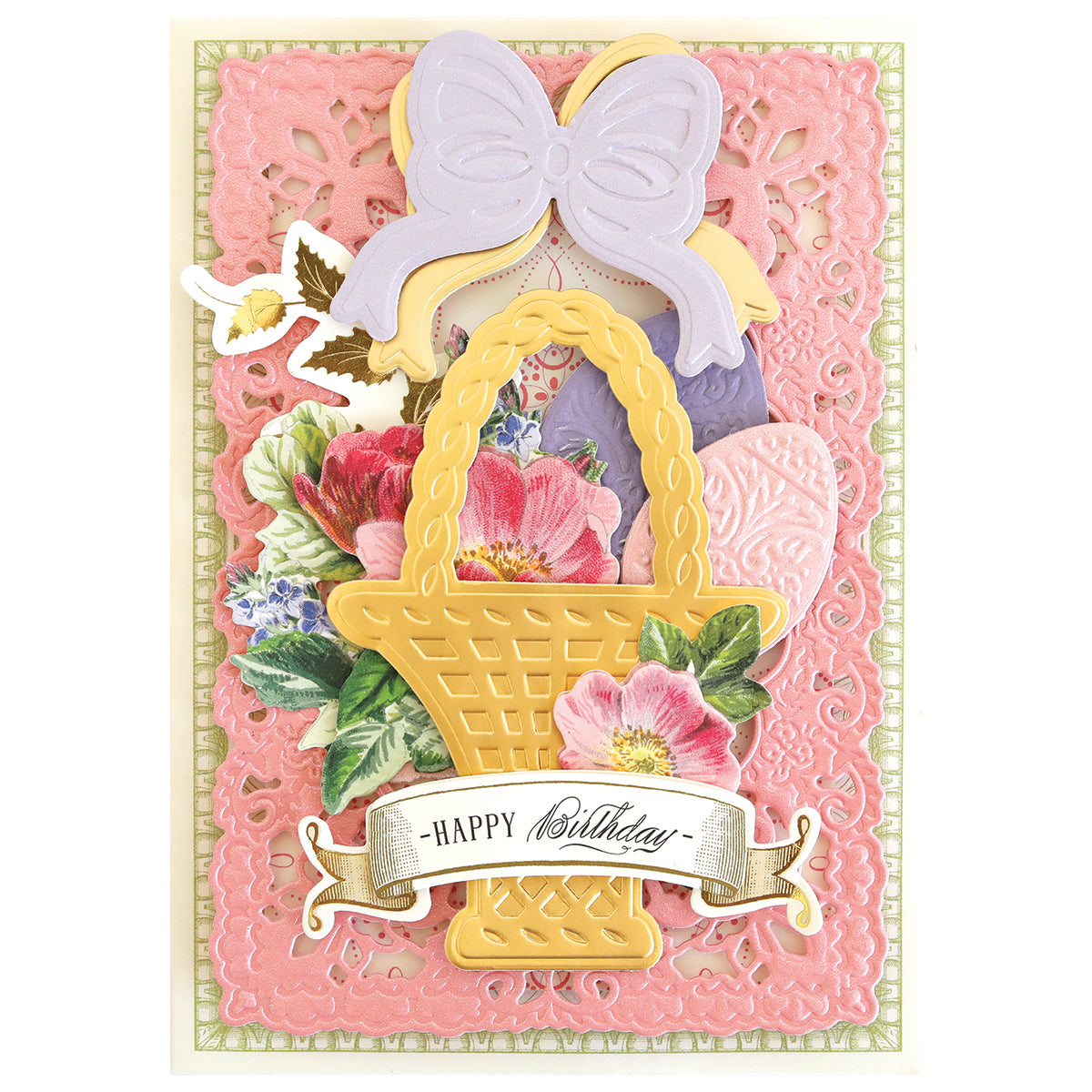 a happy birthday card with a basket of flowers.