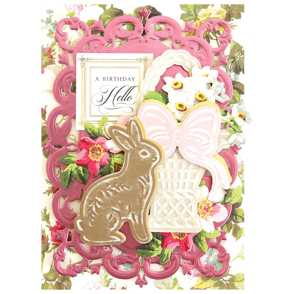 a birthday card with a bunny and a basket of flowers.