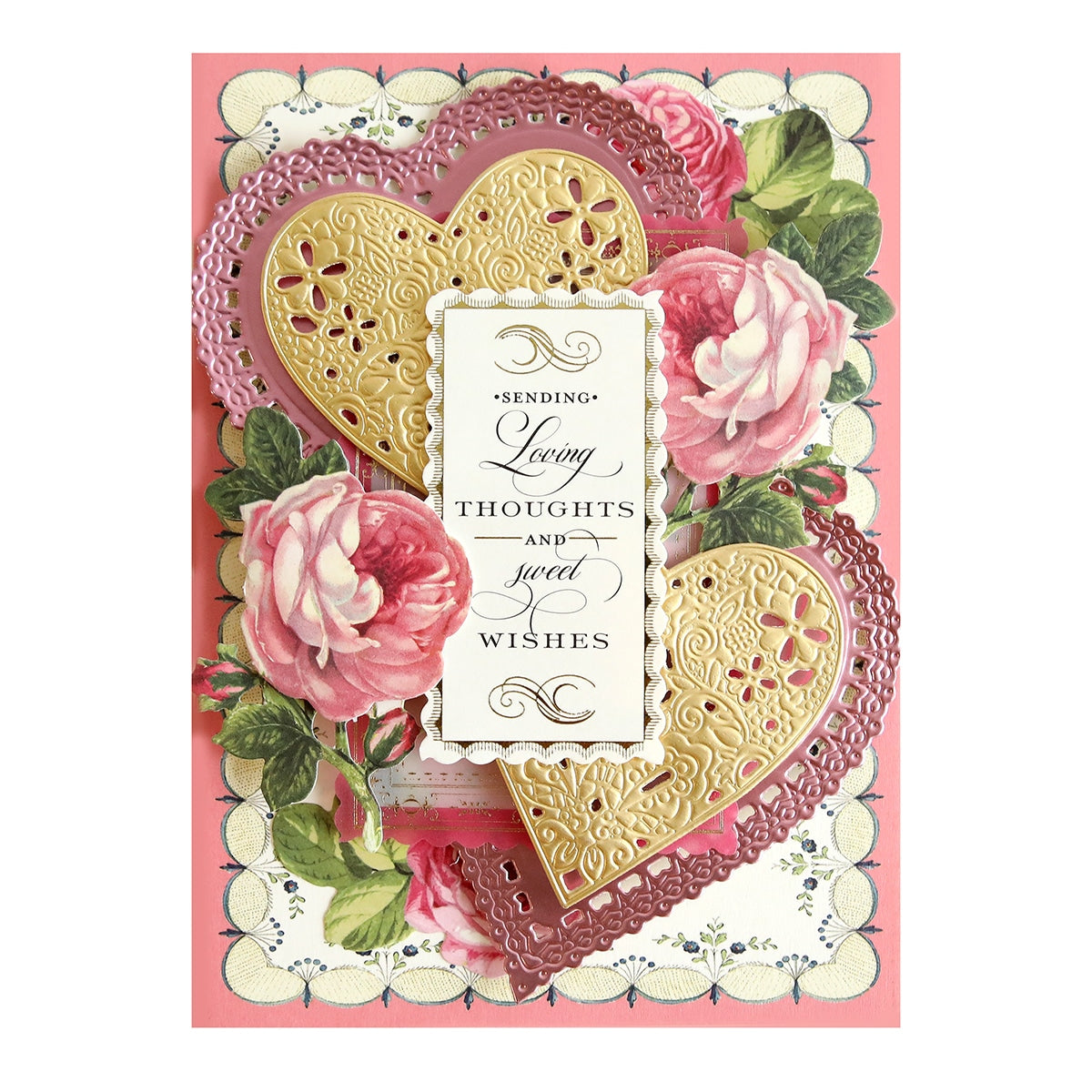 a card with two hearts and roses on it.