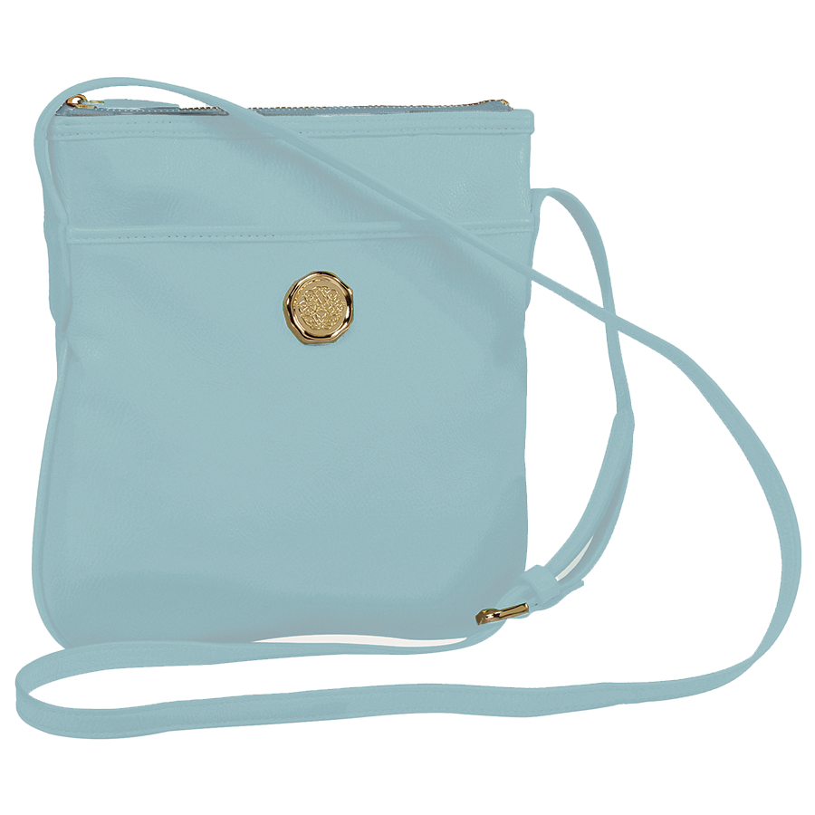 a light blue purse with a gold button.