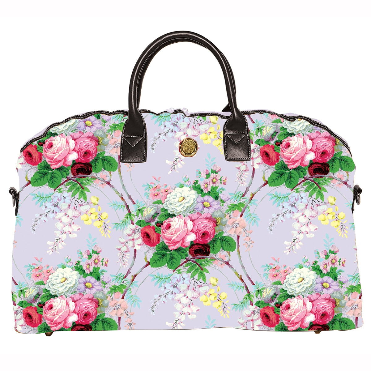 A Lillian Duffle Bag with flowers on it.