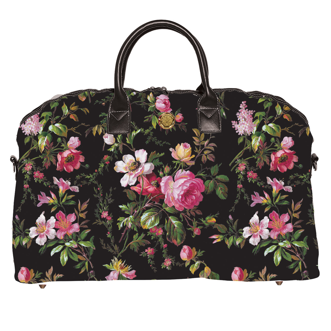 a black floral bag with pink flowers on it.