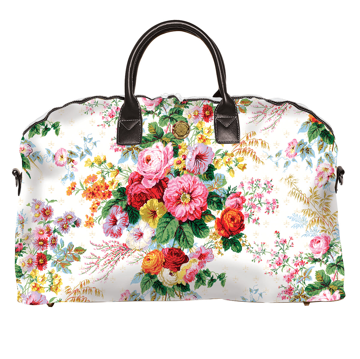 a white floral bag with a black handle.