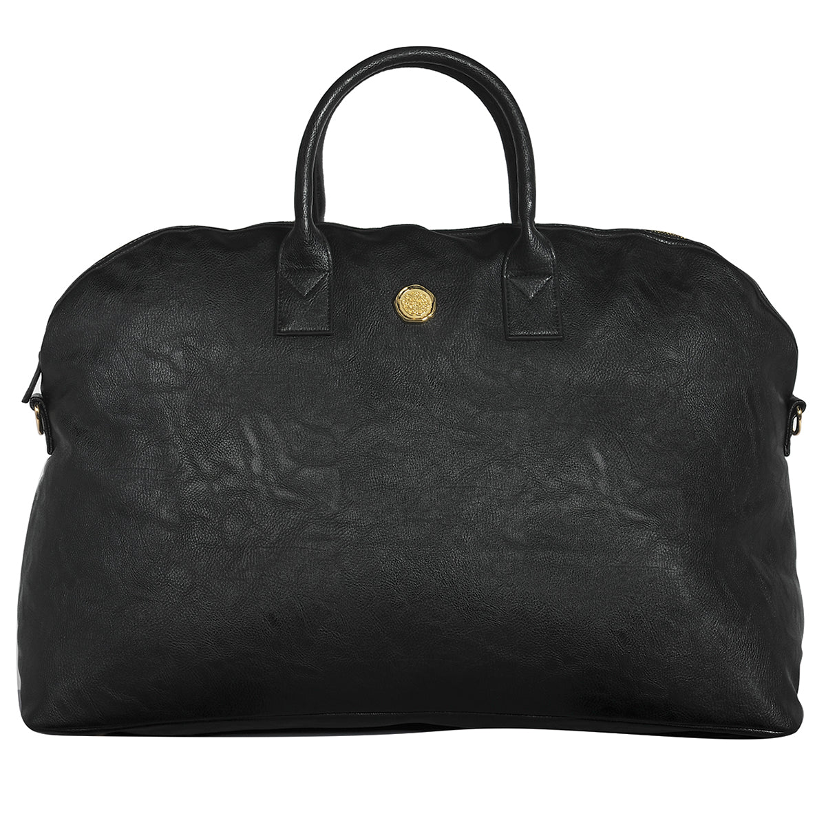 a black bag with a gold emblem on it.