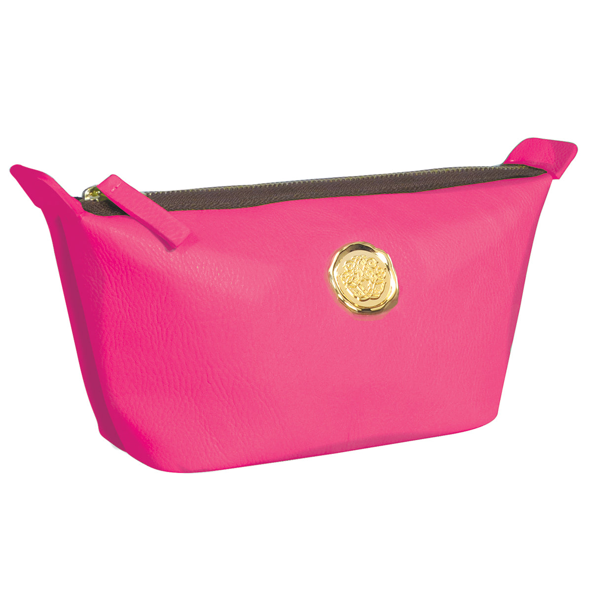 a pink purse with a gold emblem on the front.