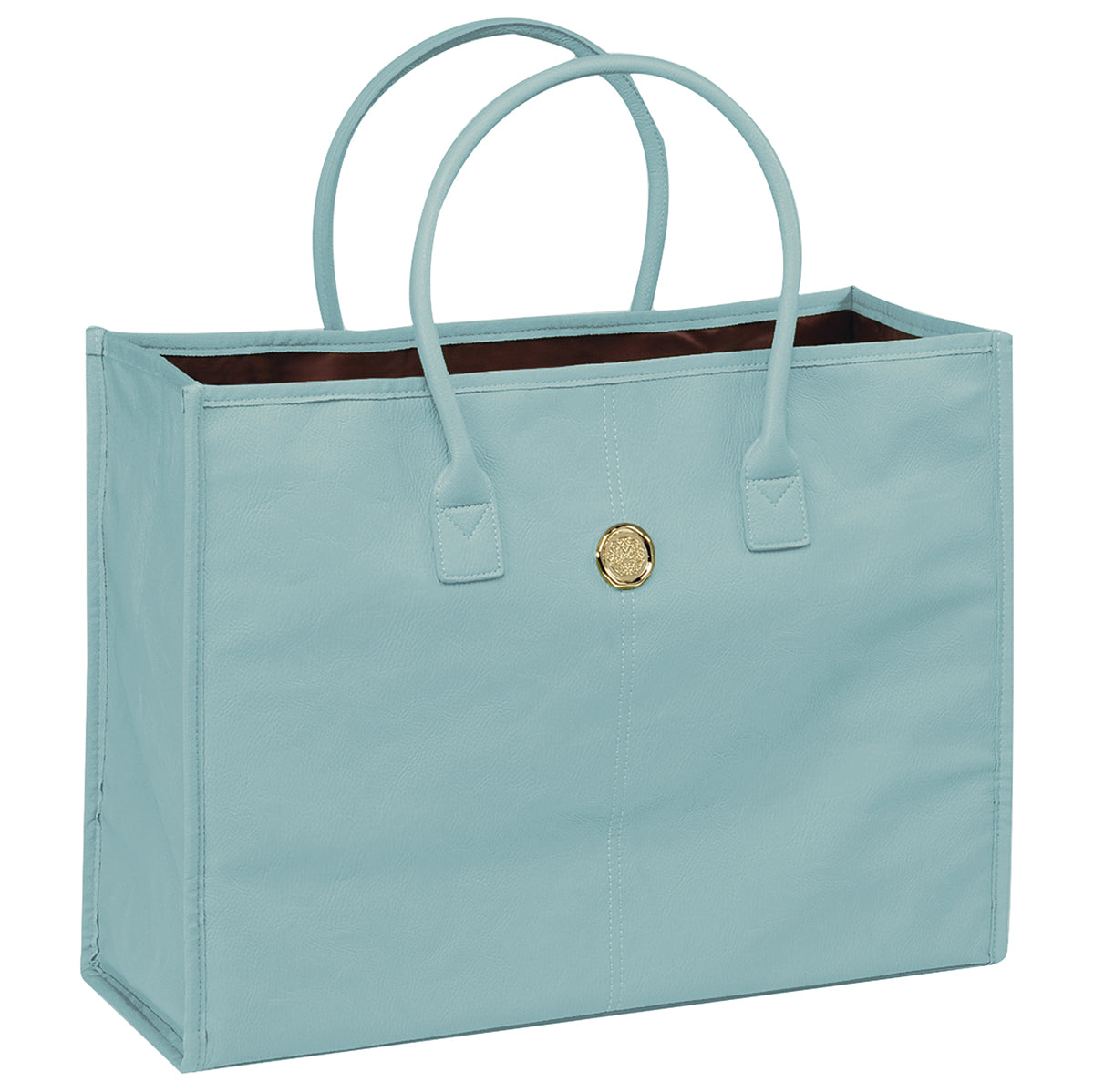 a light blue shopping bag with a gold button.