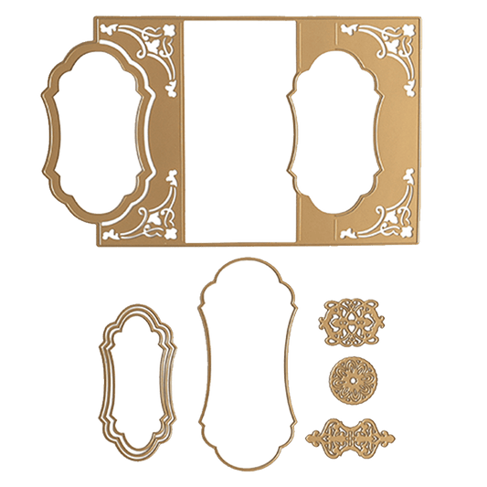 a cutout of a gold frame with a green background.