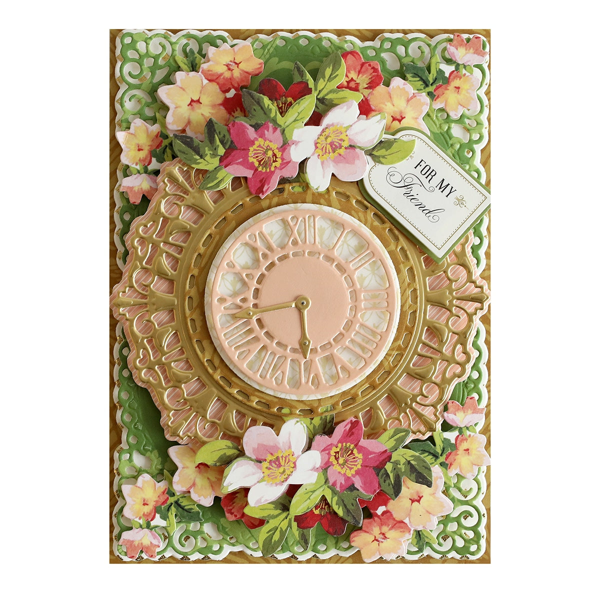 a close up of a clock with flowers on it.