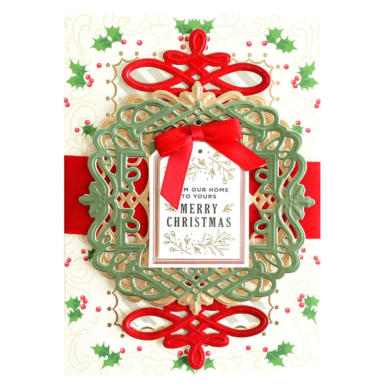 a christmas card with a red bow on it.