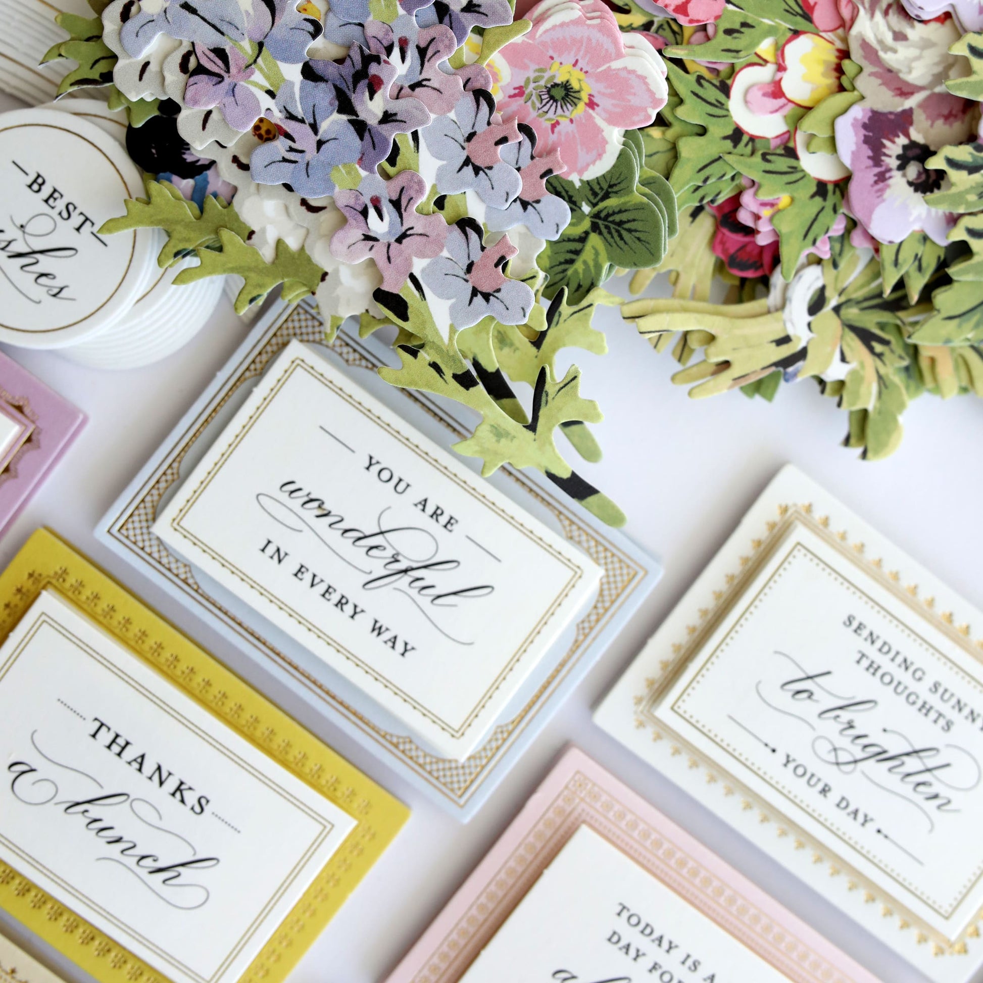 a table topped with lots of different types of cards.