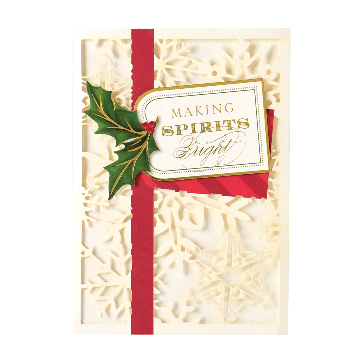 a christmas card with a red ribbon and holly.