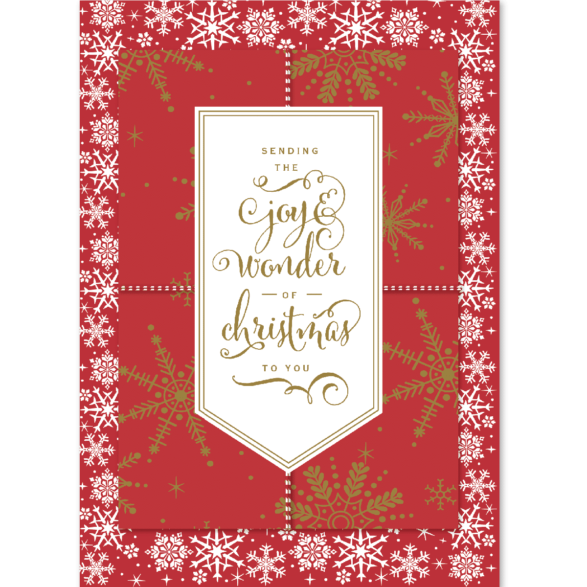 a red and white christmas card with gold lettering.