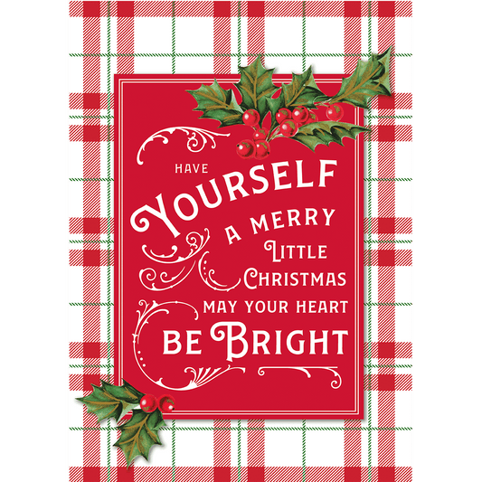 a red and white plaid christmas card with holly leaves.