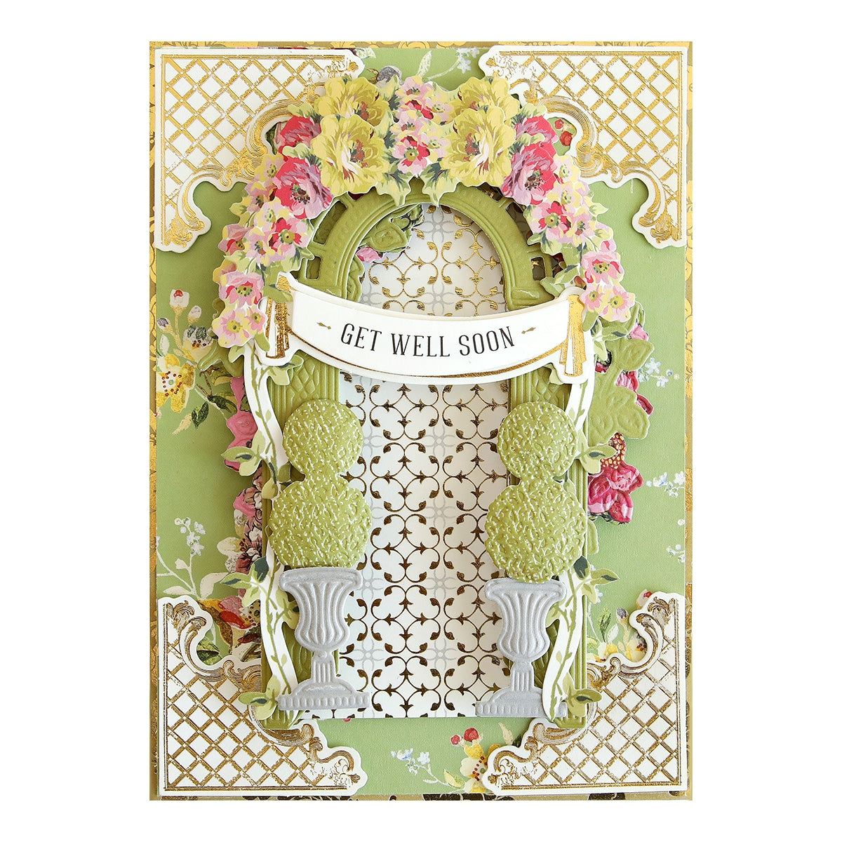 a card with a picture of a vase of flowers.