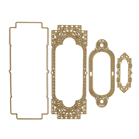 a set of three ornate frames with a green background.