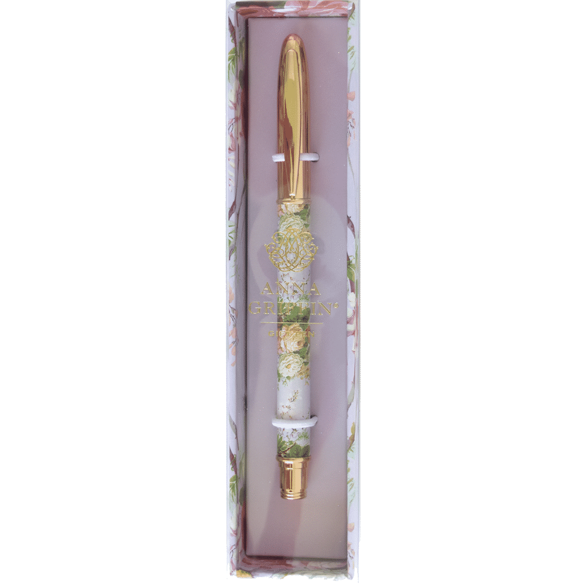 a pink and gold pen in a box.