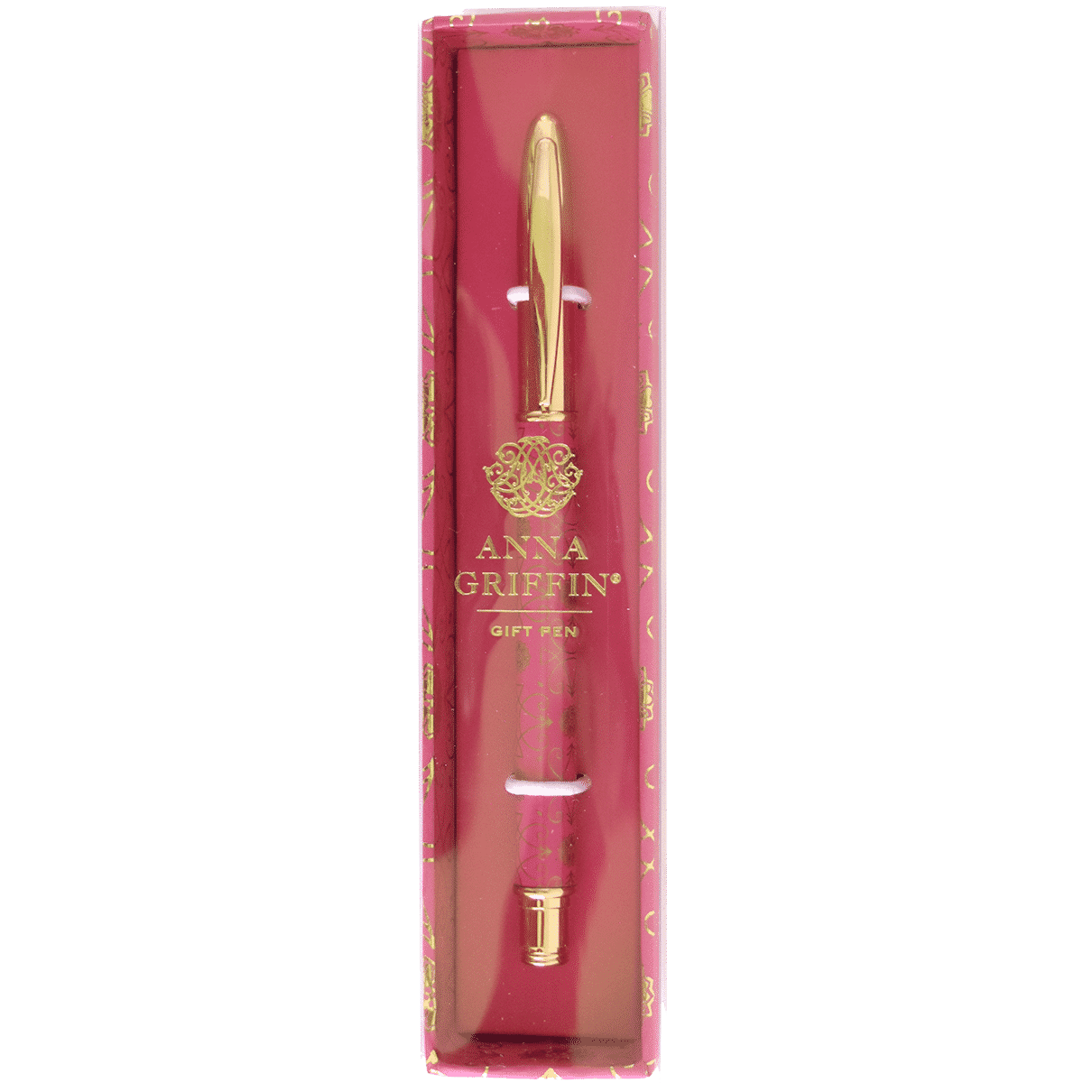 a pink box with a gold pen in it.