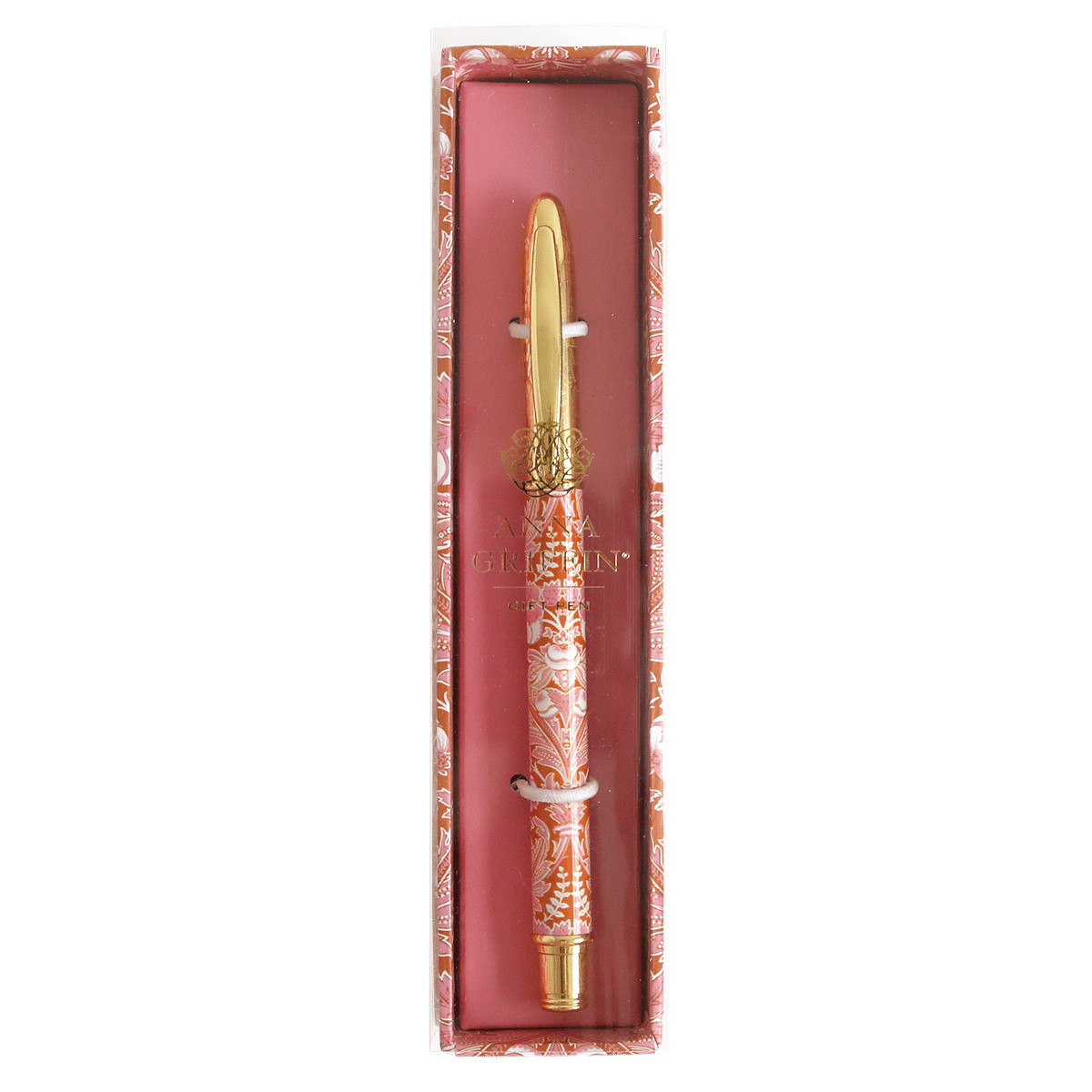 a pink and gold pen in a box.