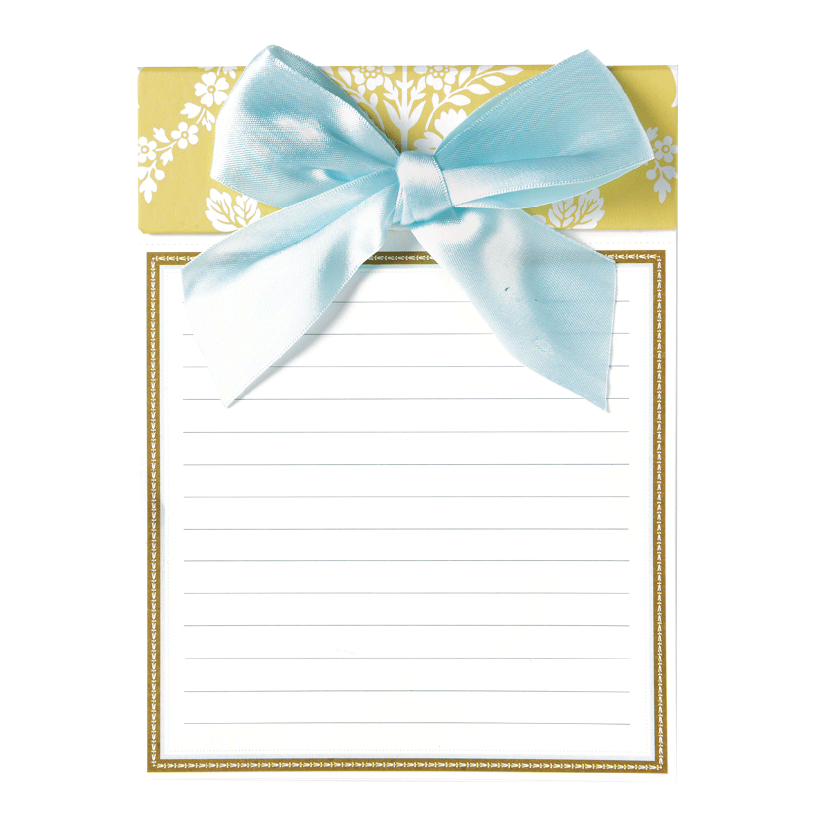 a notepad with a blue bow on top of it.