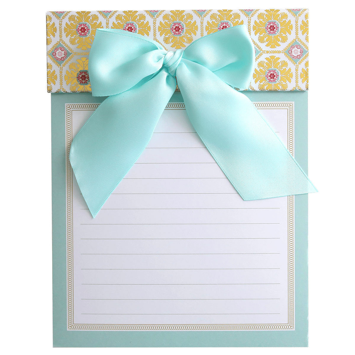 a notepad with a bow on top of it.