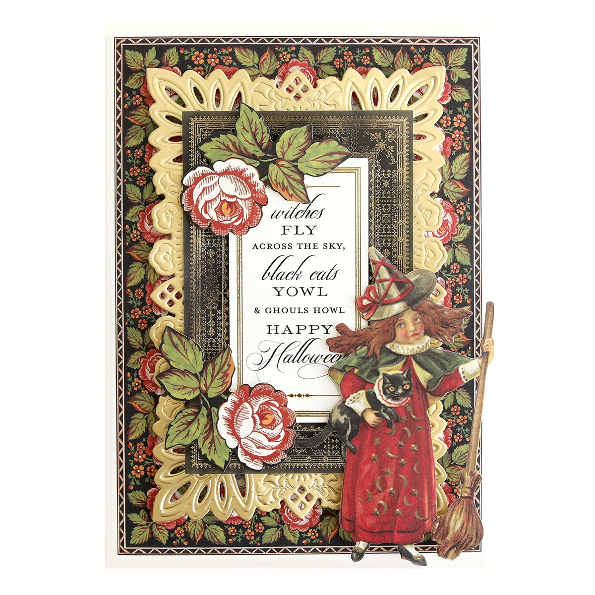 a card with a picture of a woman holding a broom.