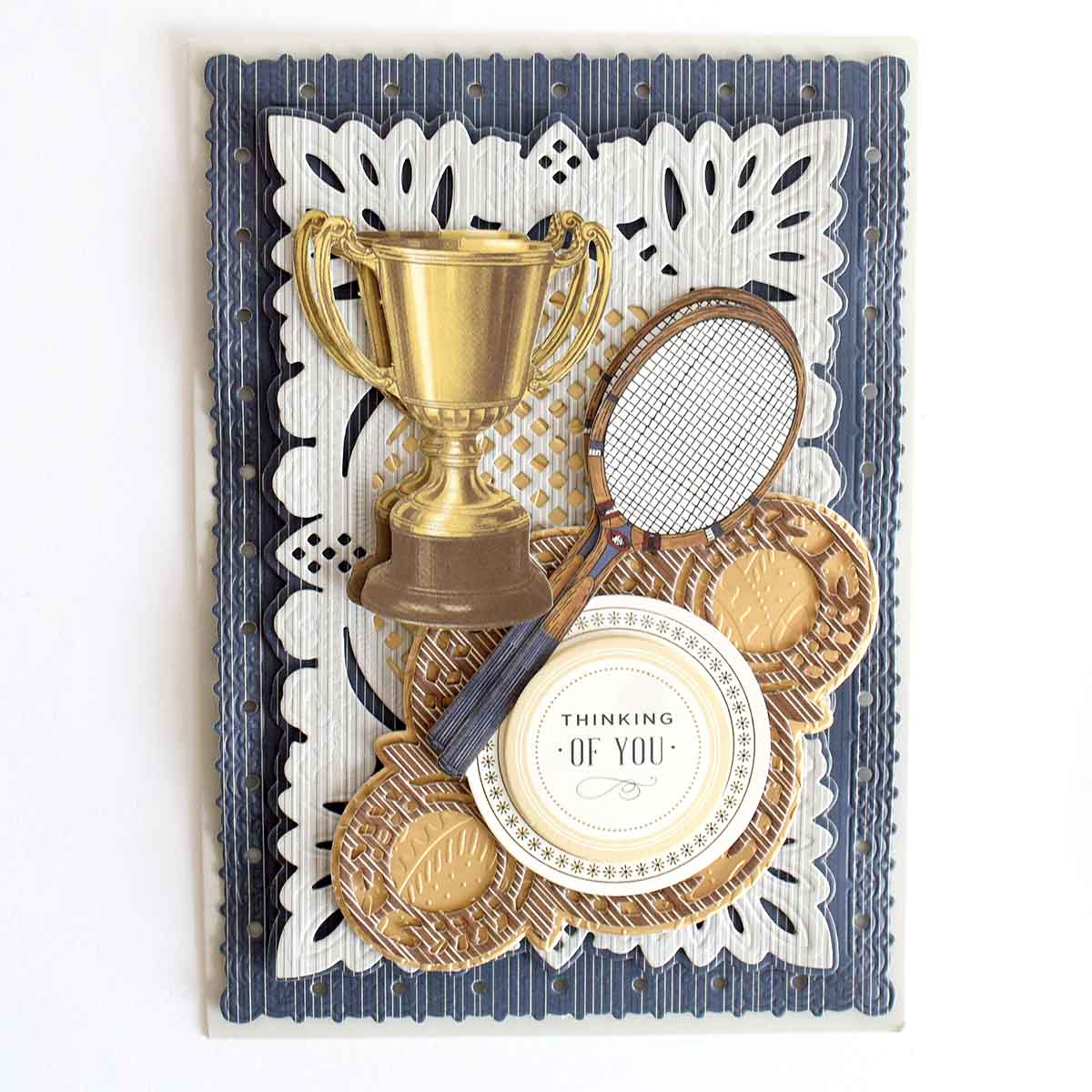 a close up of a card with a tennis racket.