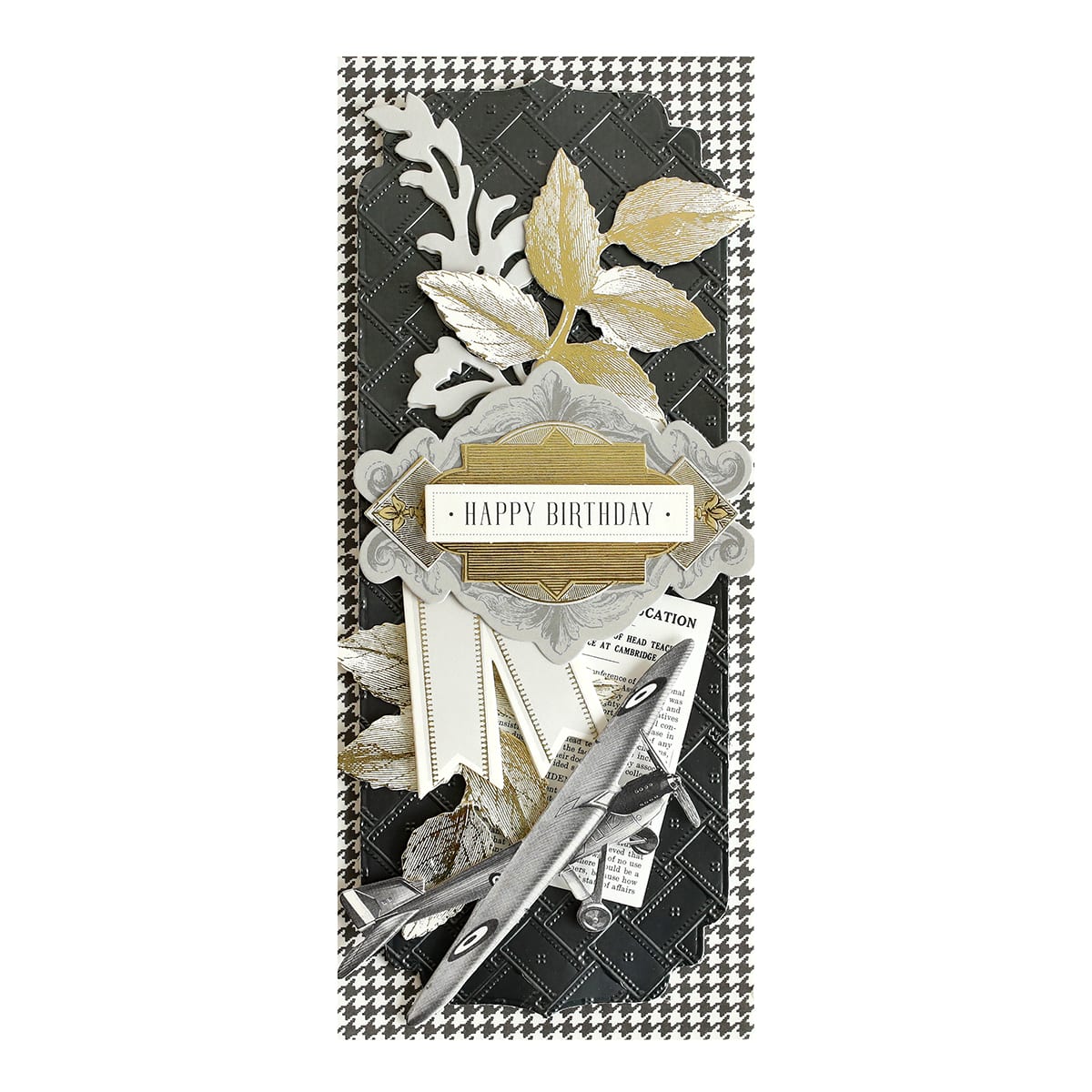 a happy birthday card with scissors and leaves.