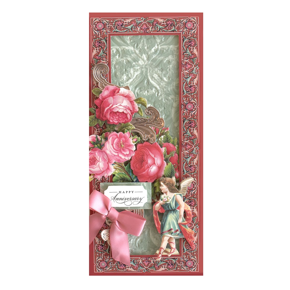 a card with a picture of an angel and flowers.