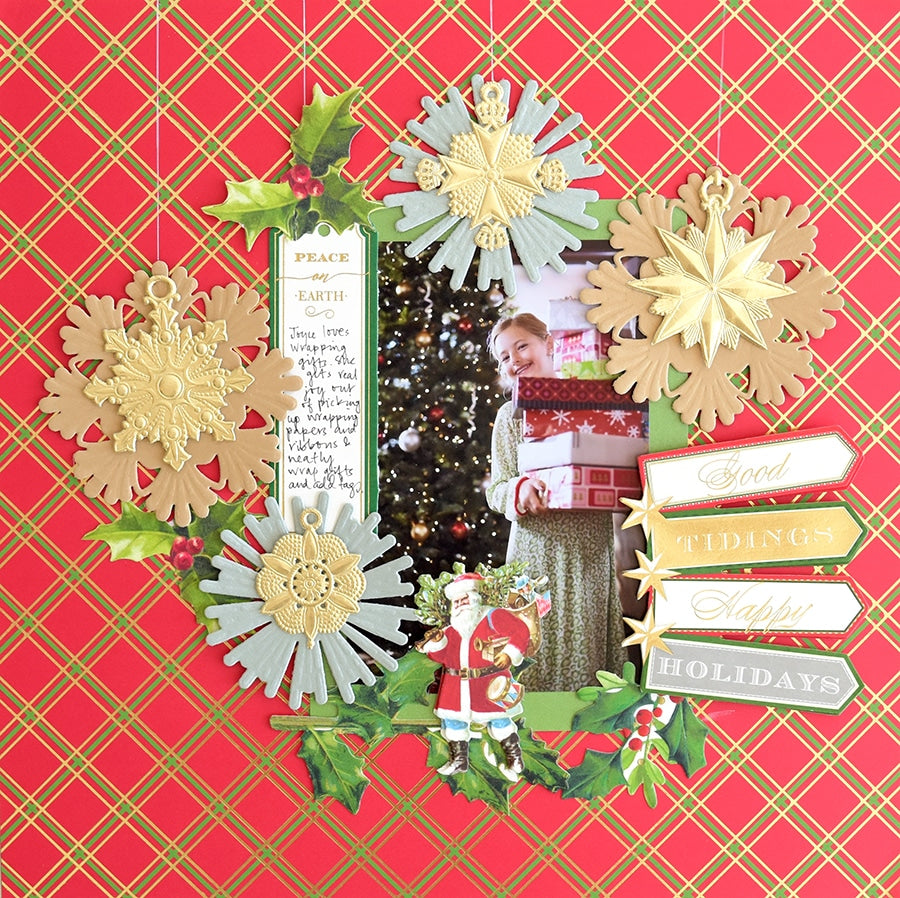 a christmas card with a picture of a woman holding a present.