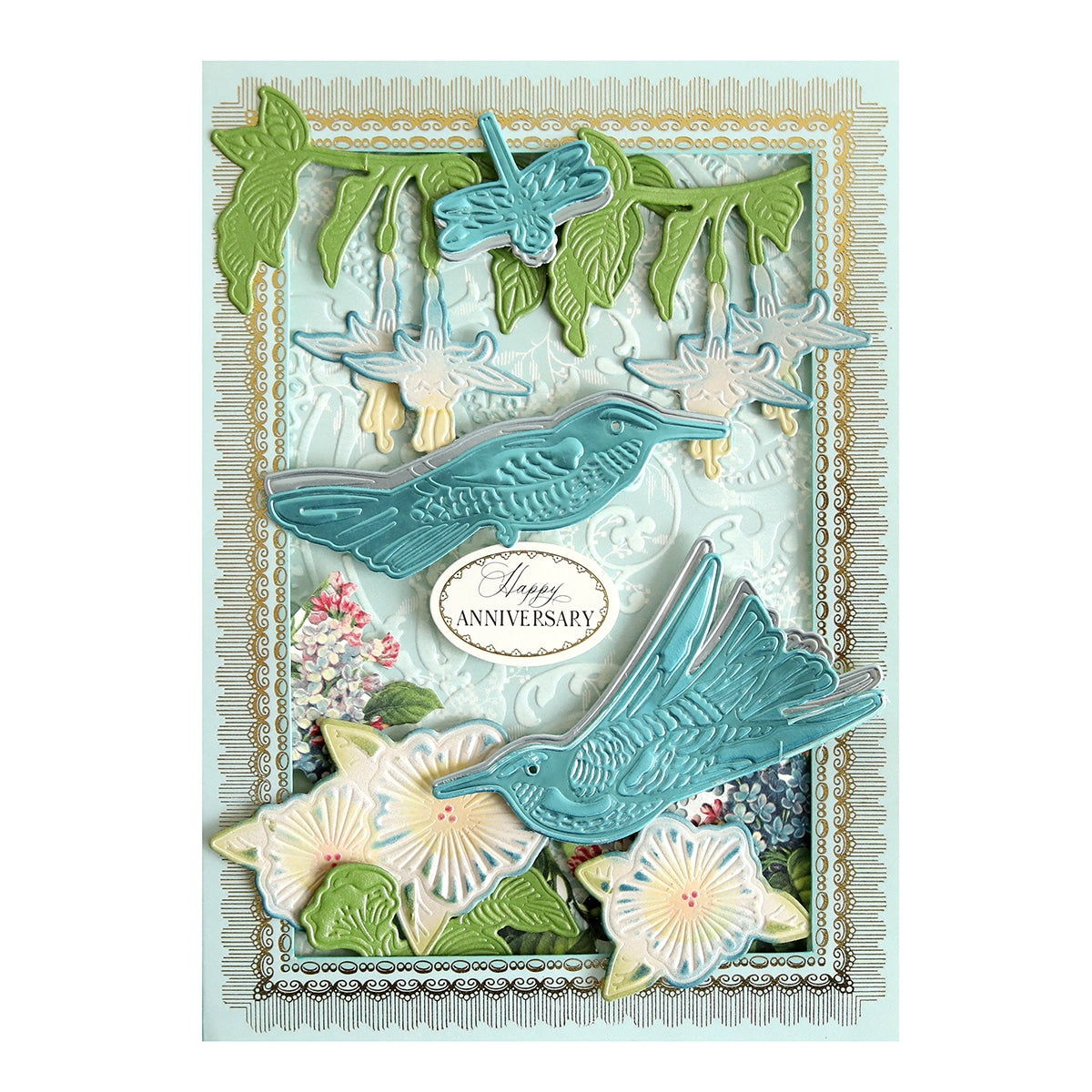 a card with two blue birds and flowers.