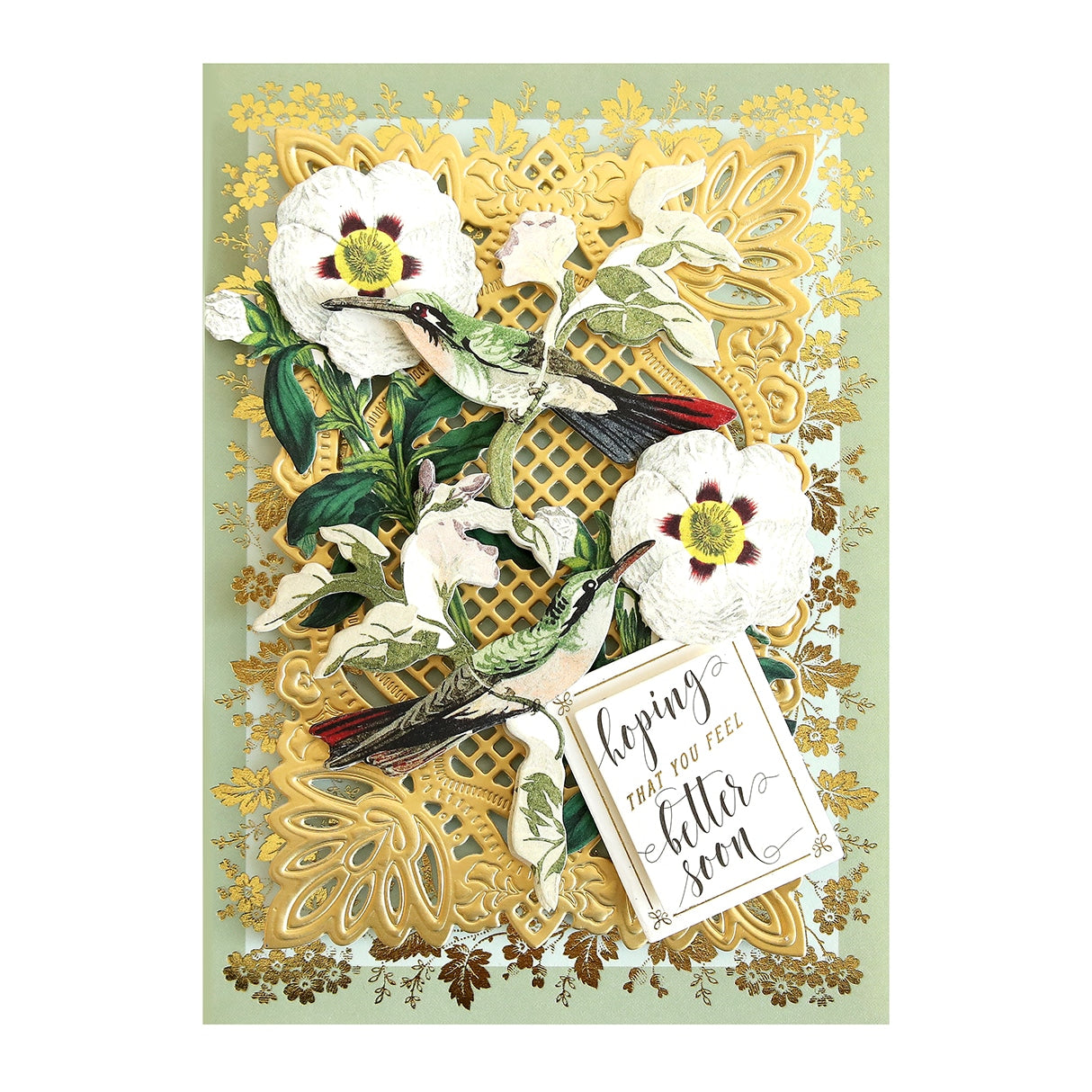 a card with a bird and flowers on it.