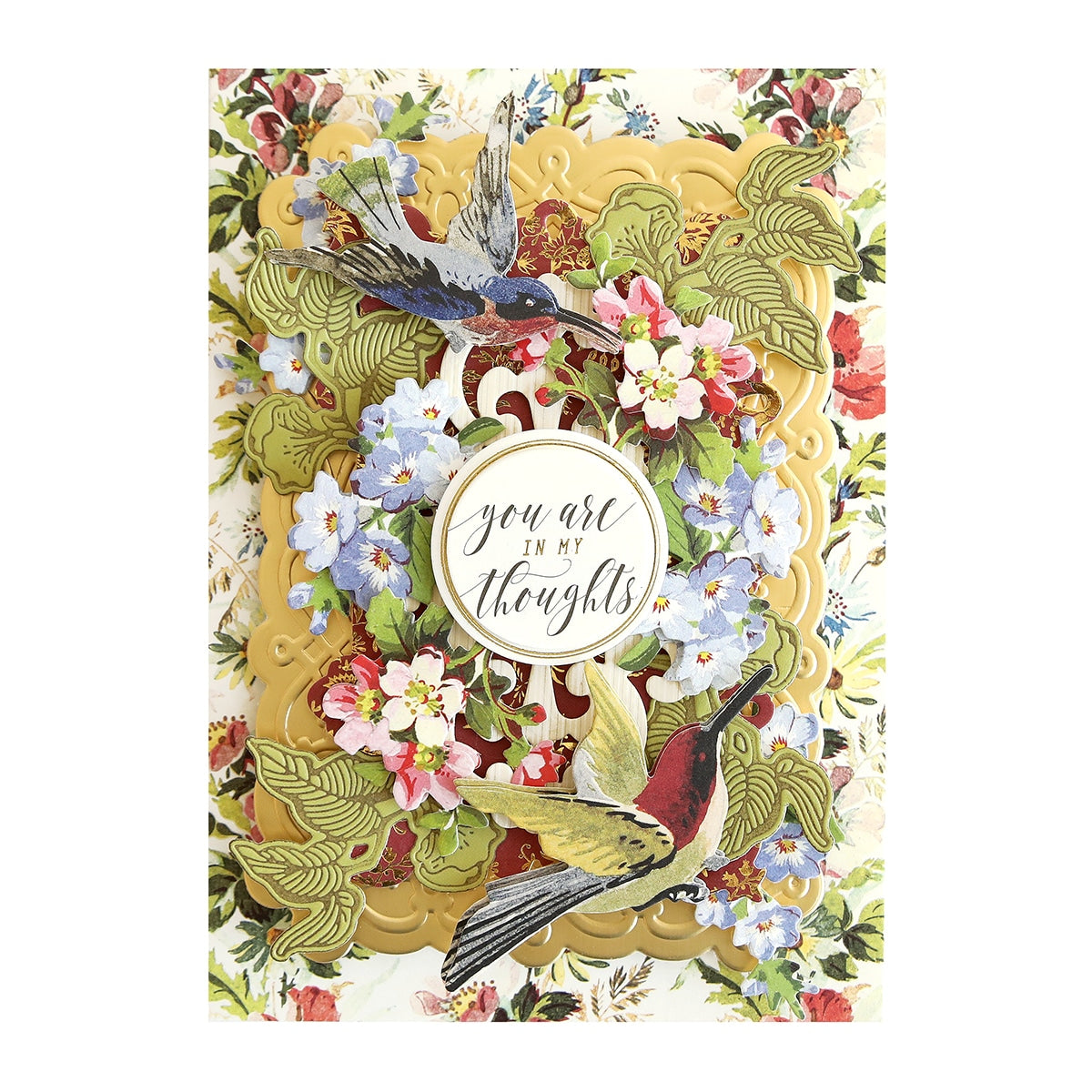 a card with a bird and flowers on it.