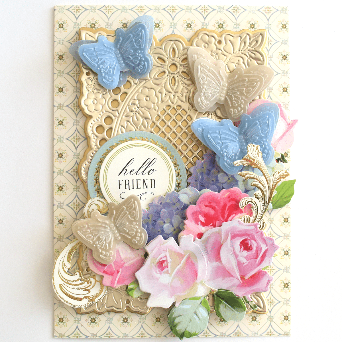 a close up of a card with flowers and butterflies.