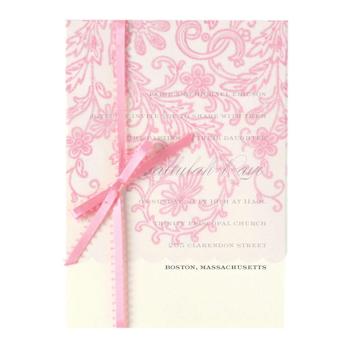 a pink and white wedding card with a ribbon.
