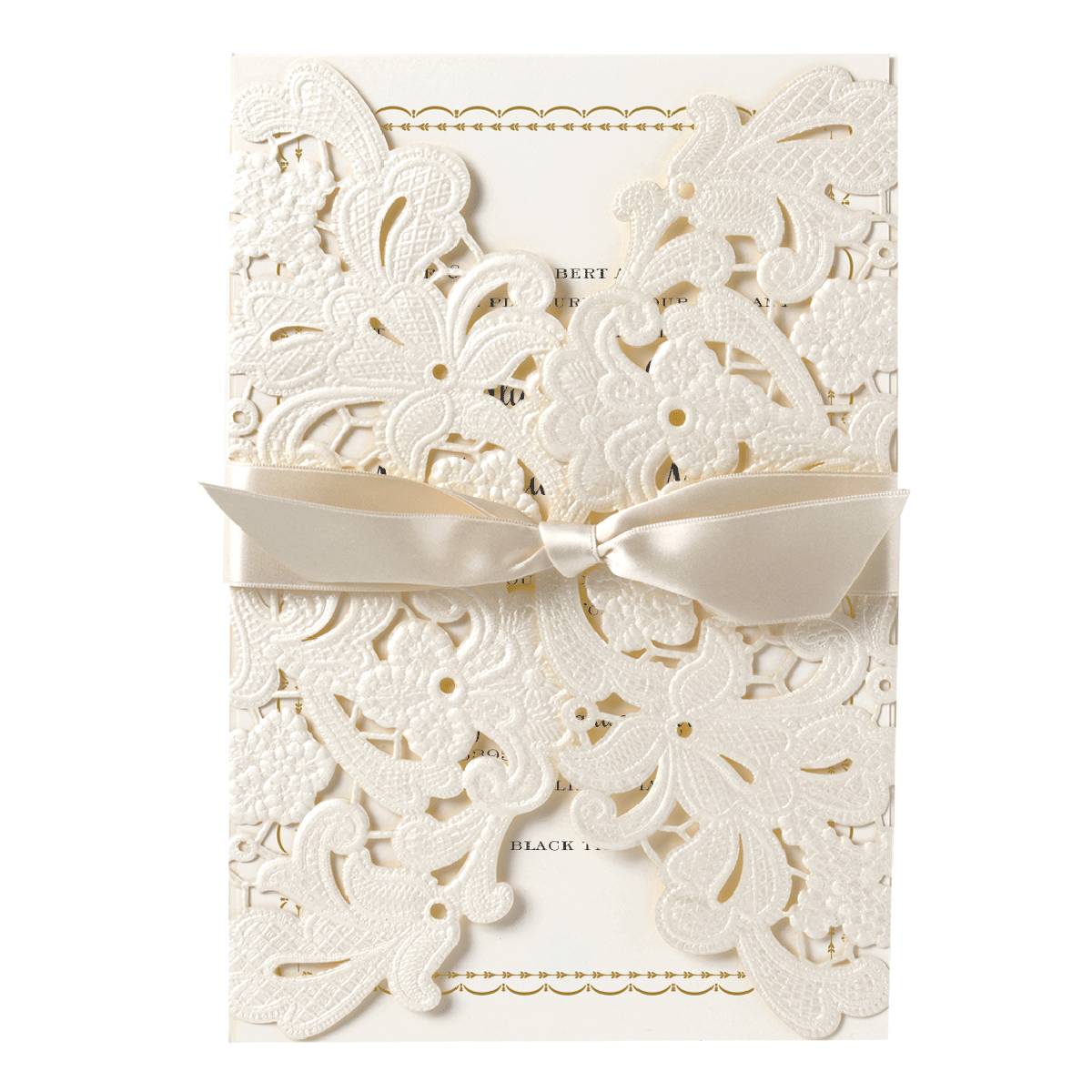 a white wedding card with a bow on it.