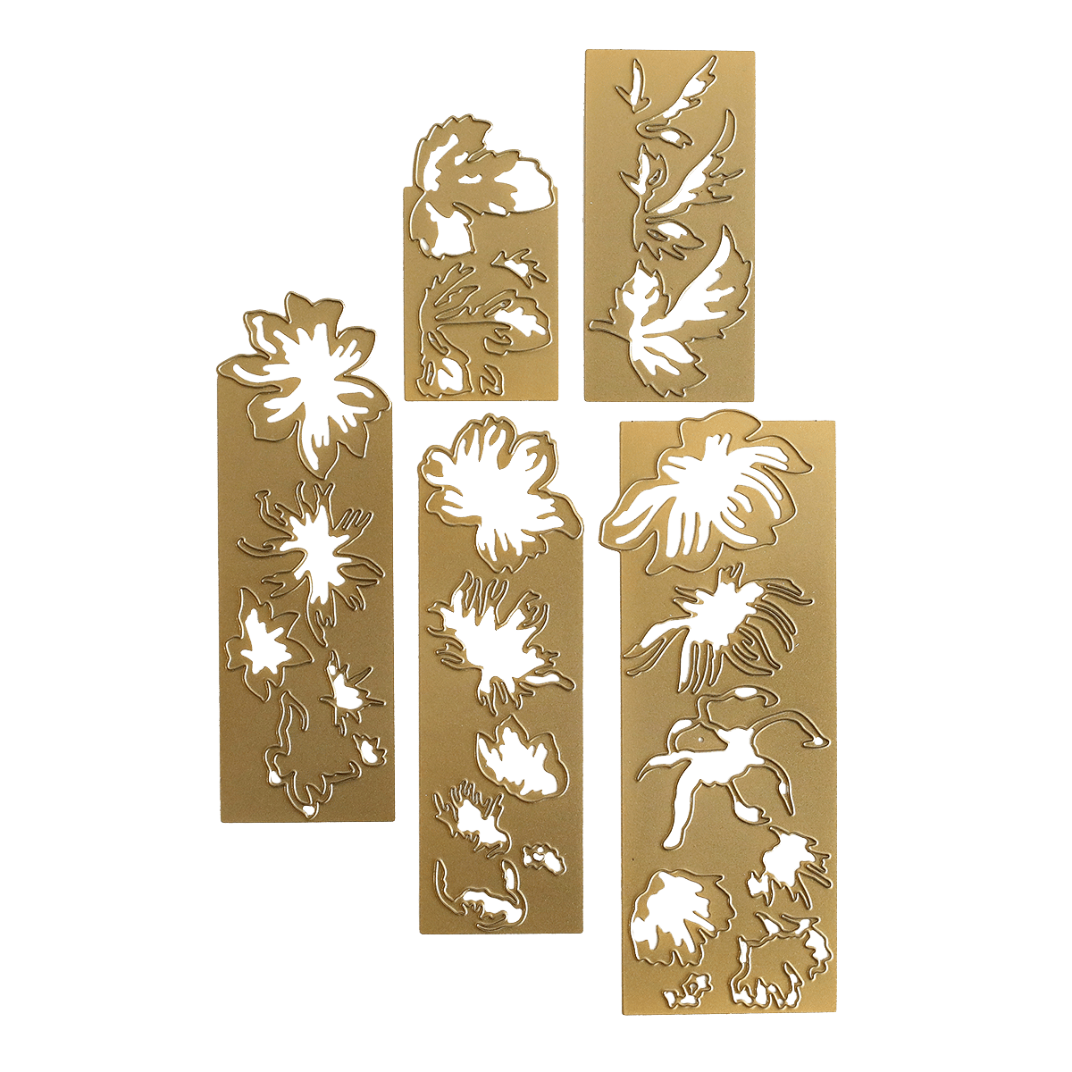 three gold bookmarks with green and white designs on them.