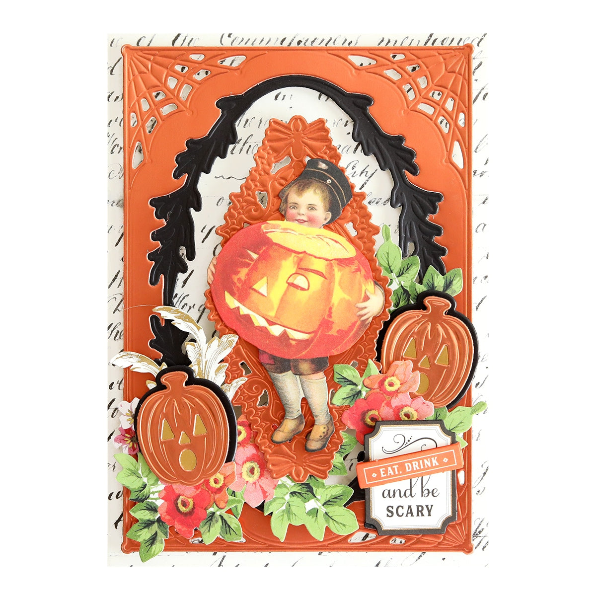 A Luxury Fall Matte Foil Cardstock card with a girl holding a pumpkin.