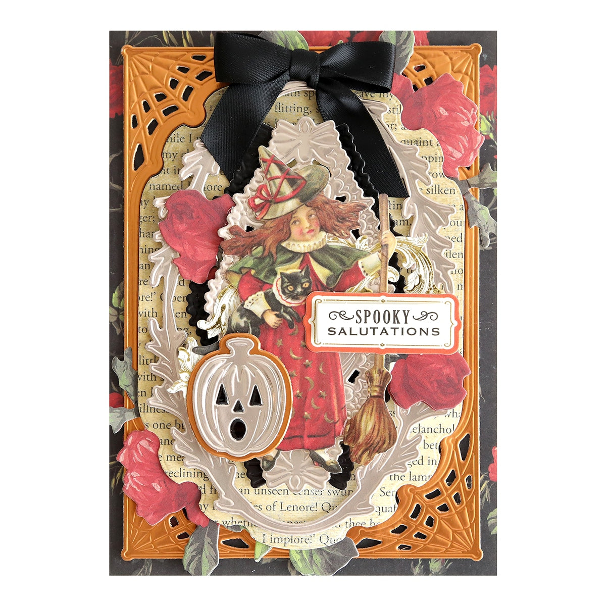 A Luxury Fall Matte Foil Cardstock with an image of a witch and a pumpkin.
