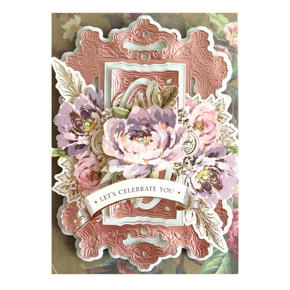 a card with flowers and a ribbon on it.