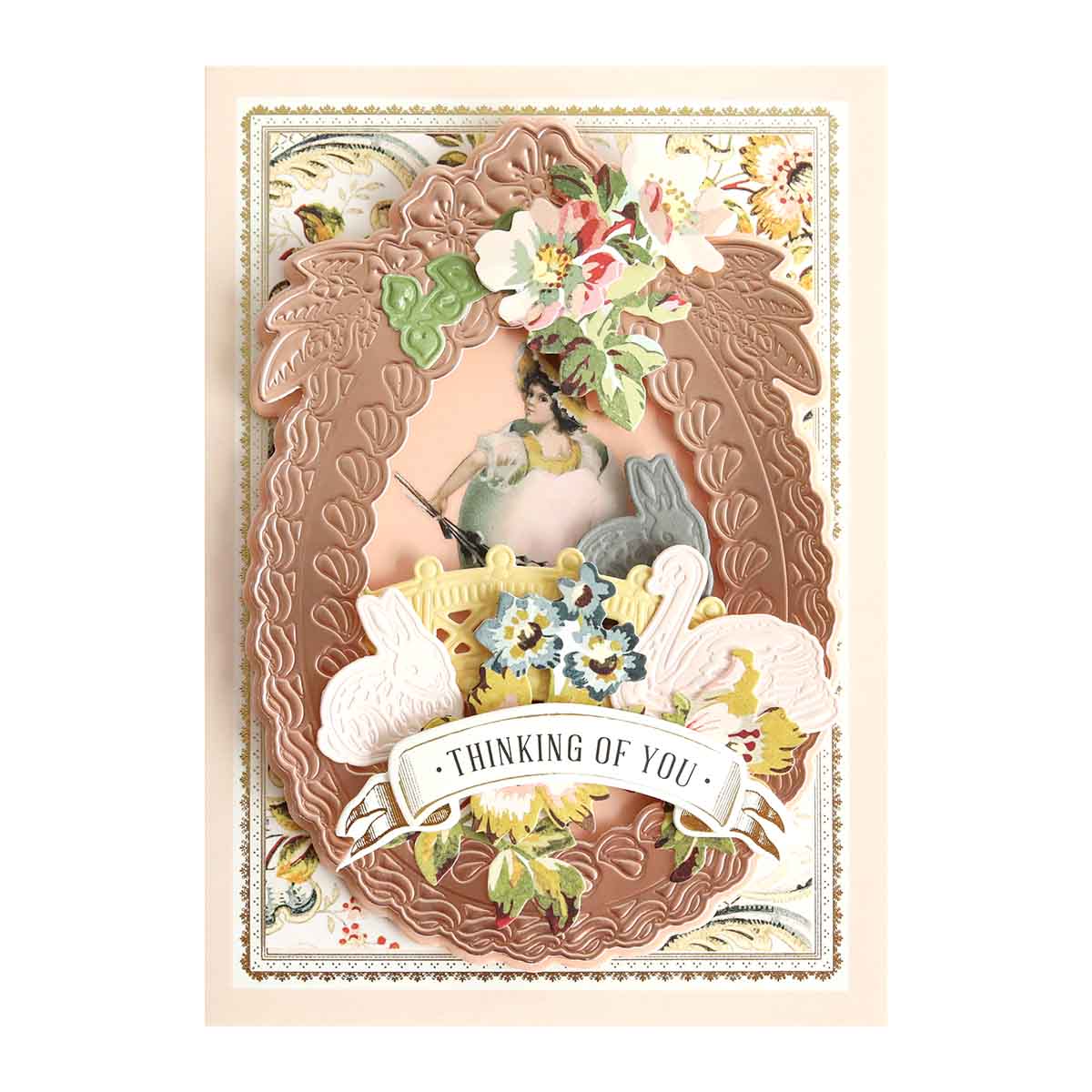 a card with a picture of a woman holding flowers.