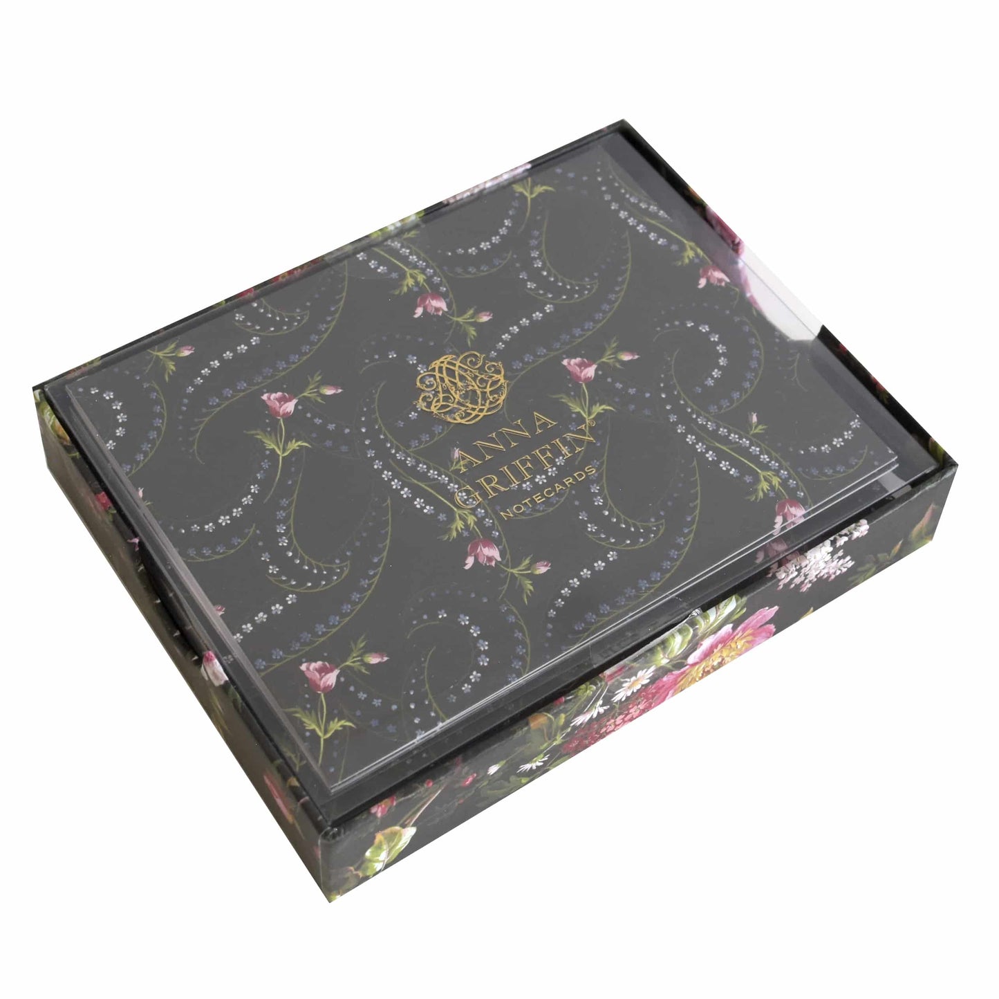 a black box with a floral design on it.