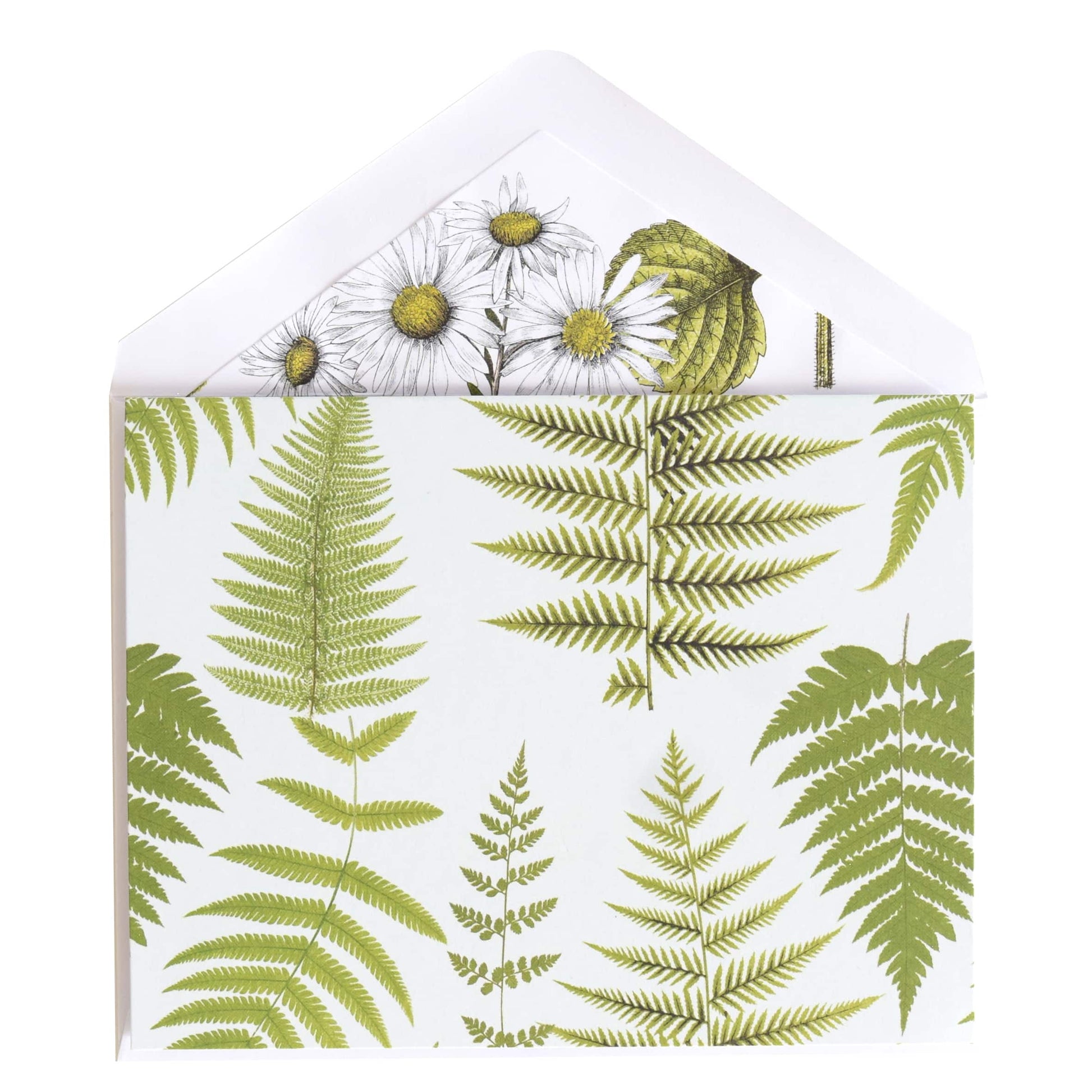 a white envelope with green leaves and flowers on it.