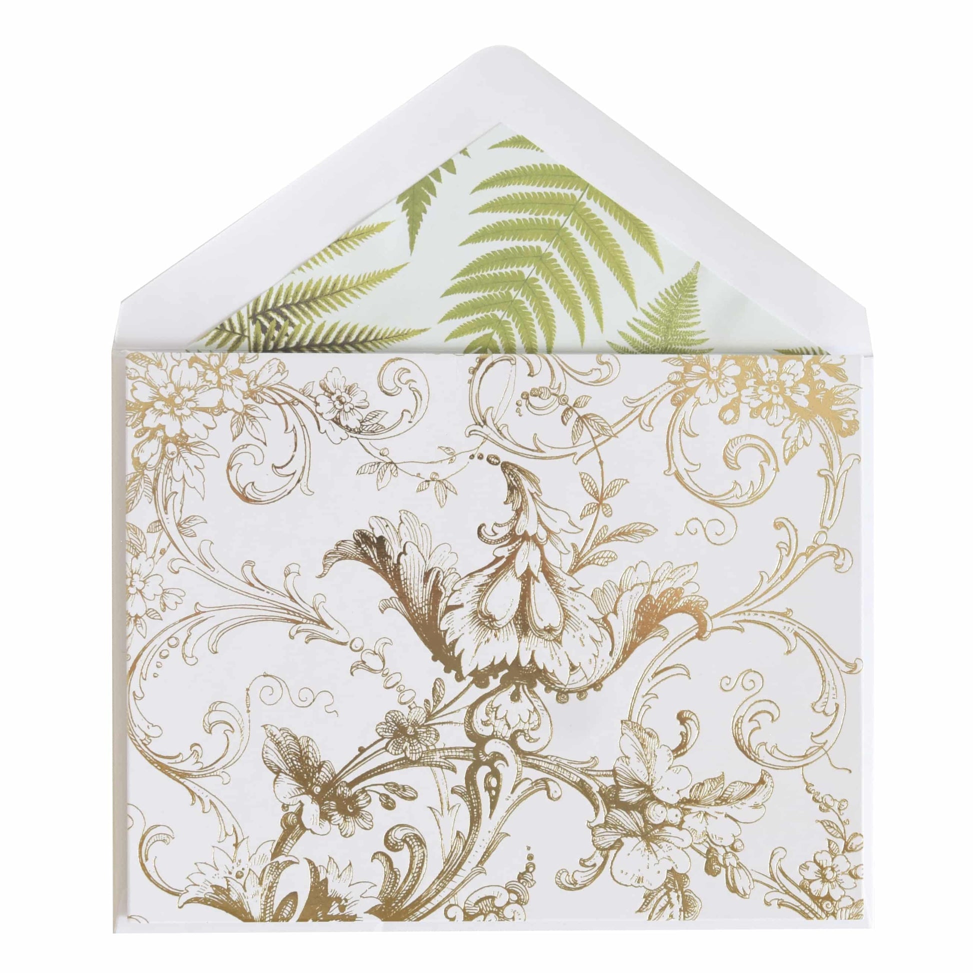 a white envelope with a gold and green floral design.