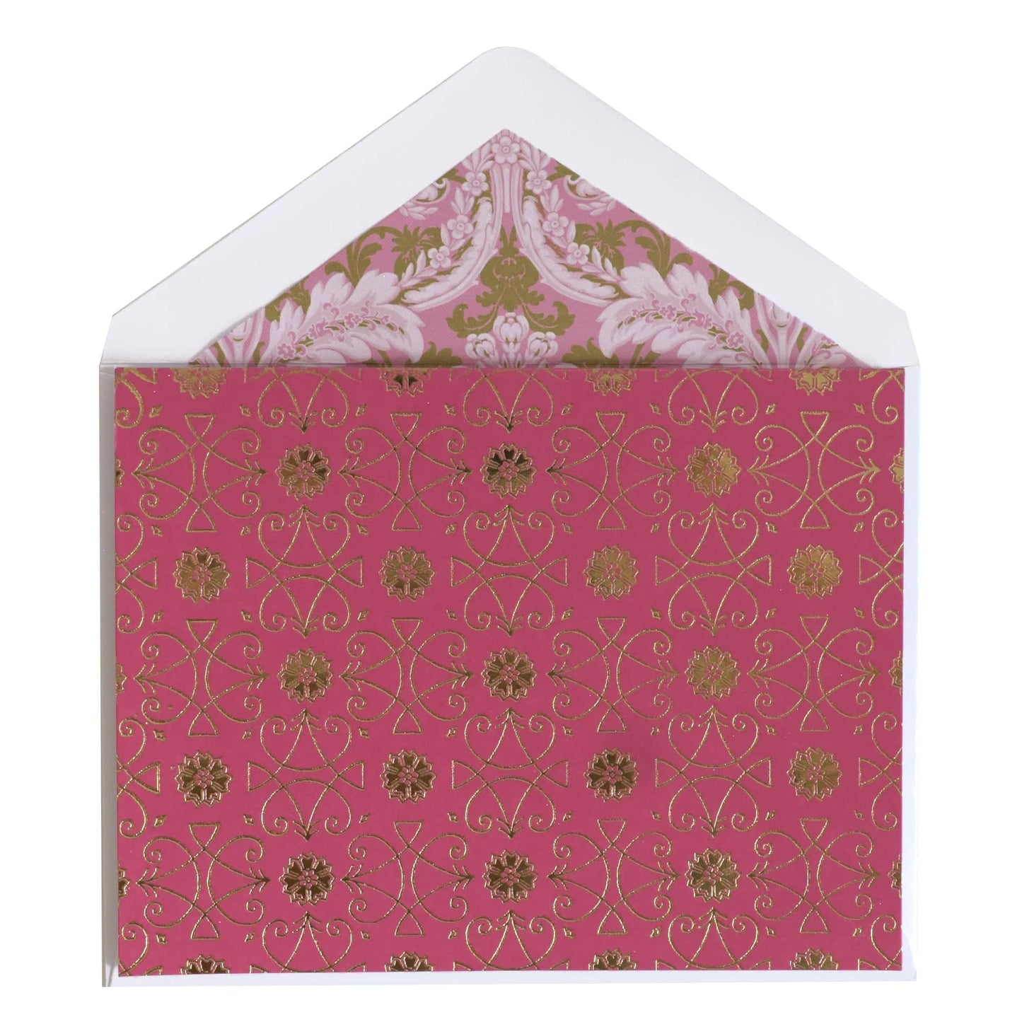 a pink and gold card with a white envelope.