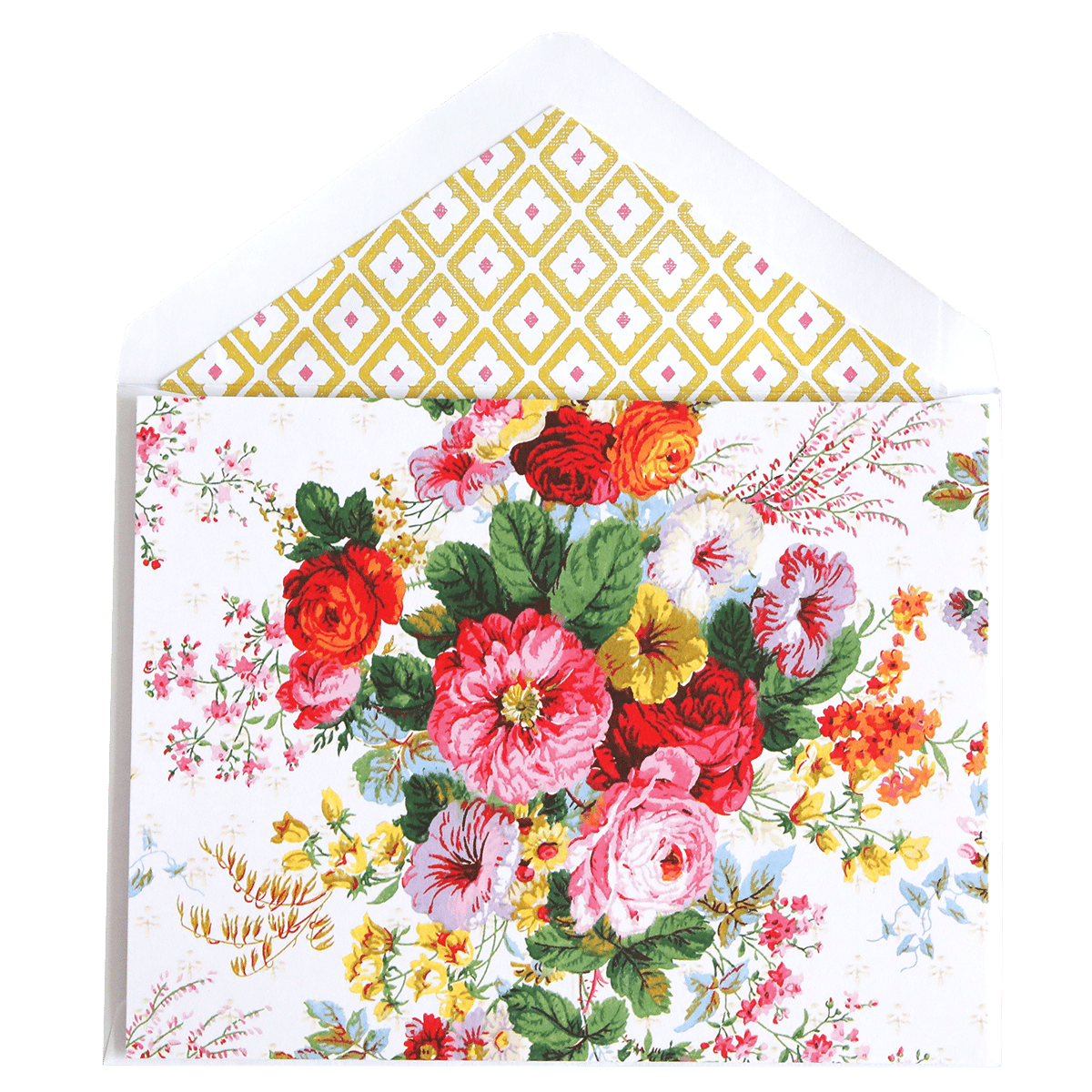 a white envelope with a bouquet of flowers on it.